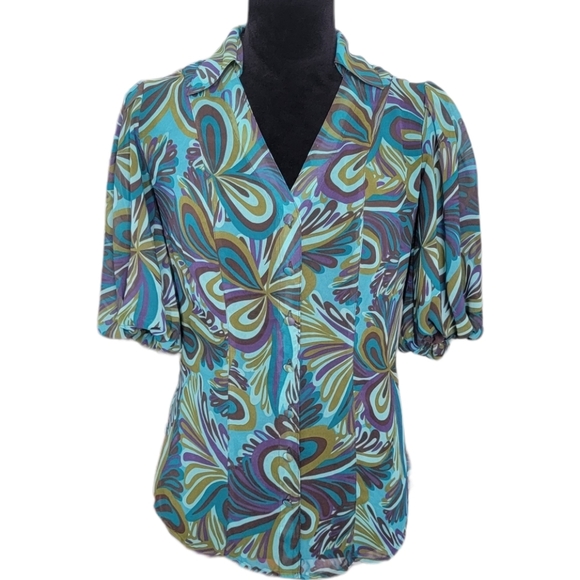 Bisou Bisou Retro Flower Print Balloon Sleeve Button Down Shirt Size XS - Picture 1 of 8